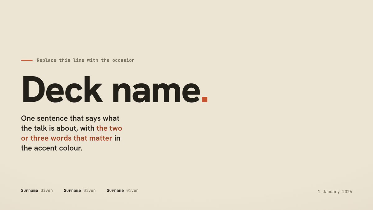 A title slide on cream paper: a large heavy sans-serif wordmark with a terracotta full stop.