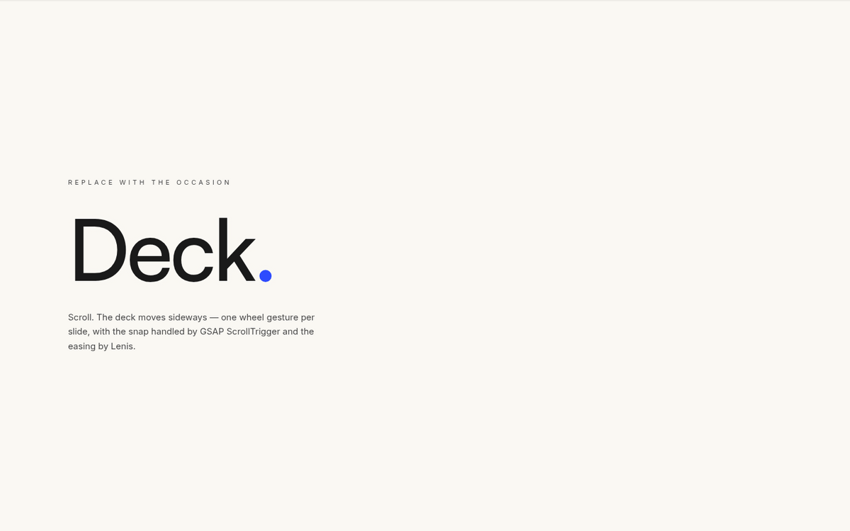 A near-white web page with a very large light wordmark and a blue full stop, the first slide of a horizontally scrolling deck.